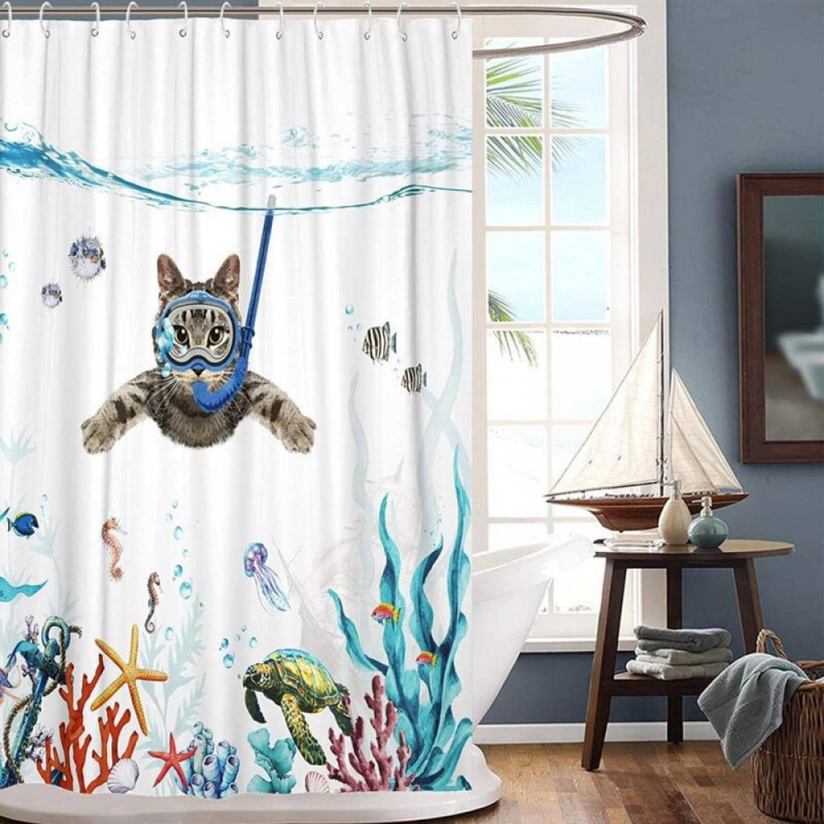 DUSCHVORHANG Katze Ozean bedruckt Polyester waschbar wasserdicht - Weiß, Textil (180/180cm) - MCBOSON