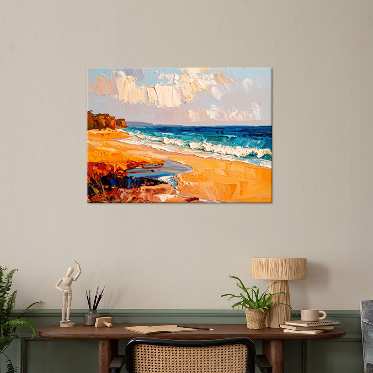 LEINWANDBILD Strand Meer Landschaft wie gemalt 90x60cm - Orange, Textil (90/60cm) - Feeby