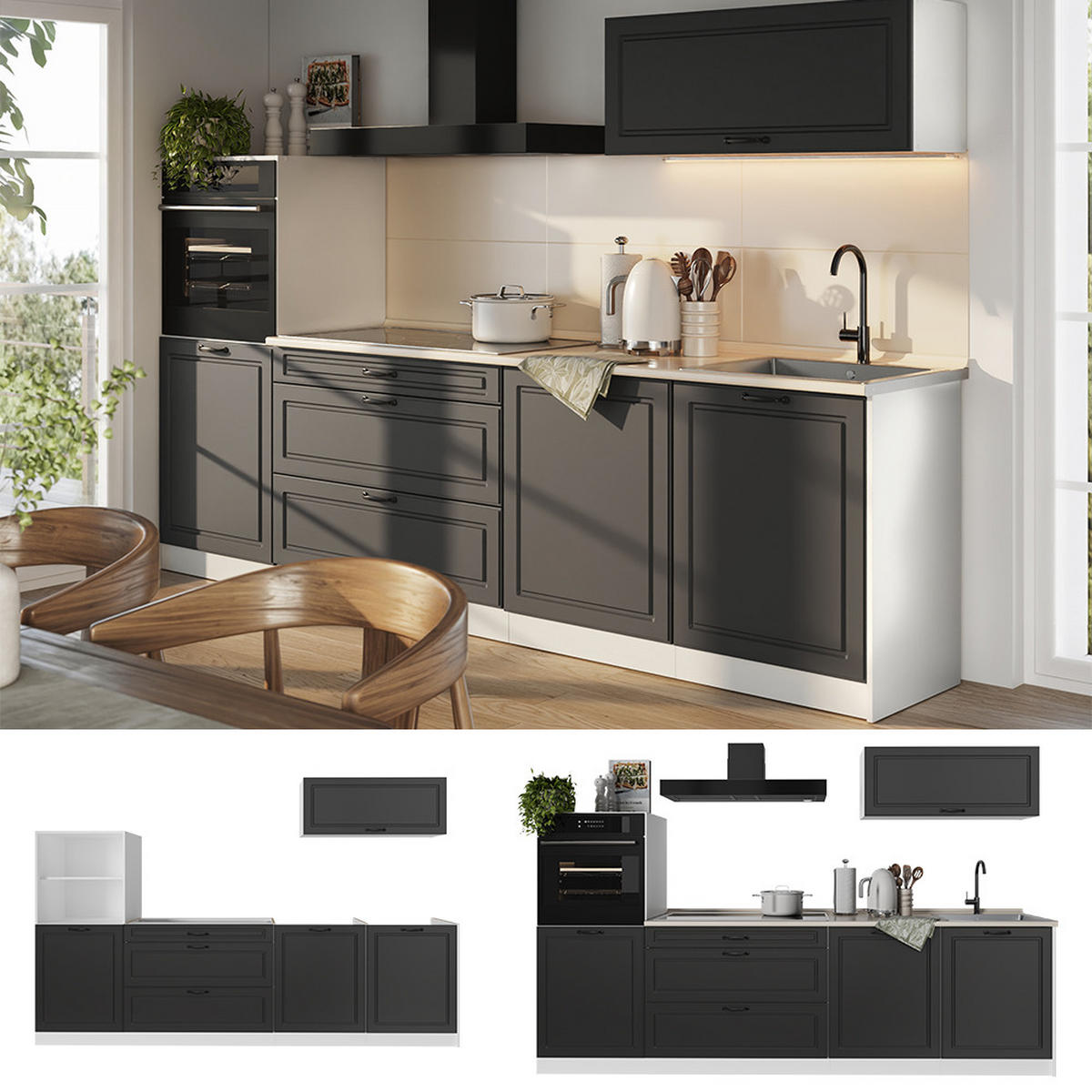 KUCHYNKA R-Line, Antracitový vidiecky dom/biely, 280 cm Goldkraft tammi työtaso - biela/antracitová, kompozitné drevo (280/143/60cm) - Vicco