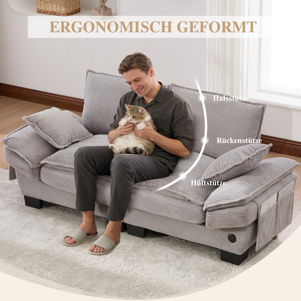 2-SITZER SOFA Cord Hellgrau mit USB-C und Seitentaschen - Hellgrau, Holzwerkstoff/Kunststoff (190/84/73cm) - WISHDOR