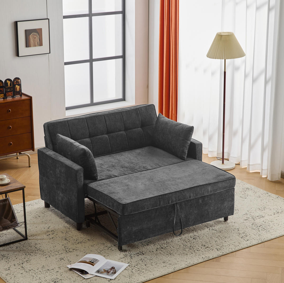 SCHLAFSOFA aus Chenille 174x125 cm Antique Black mit Schlaffunktion, verstellbarer Rückenlehne und 2 Kissen - Schwarz, Kunststoff (142/85/79cm) - Modfu