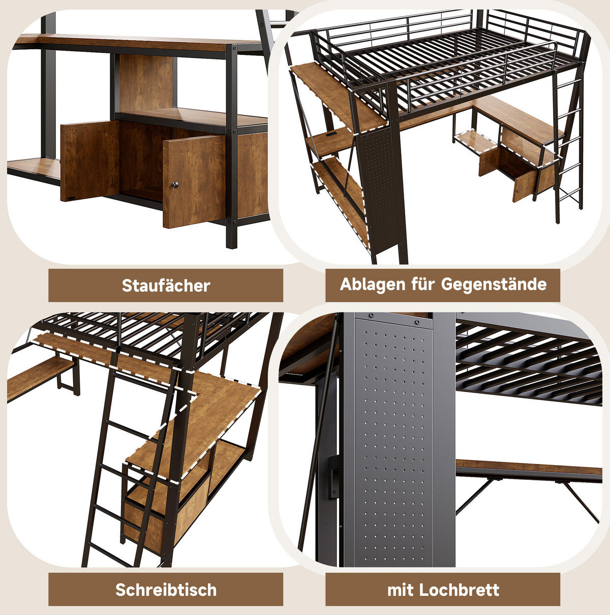 HOCHBETT 90/200 cm schwarz aus Metall und MDF mit LED, Schreibtisch und Stauraum - Schwarz, Metall (90/200cm) - OKWISH