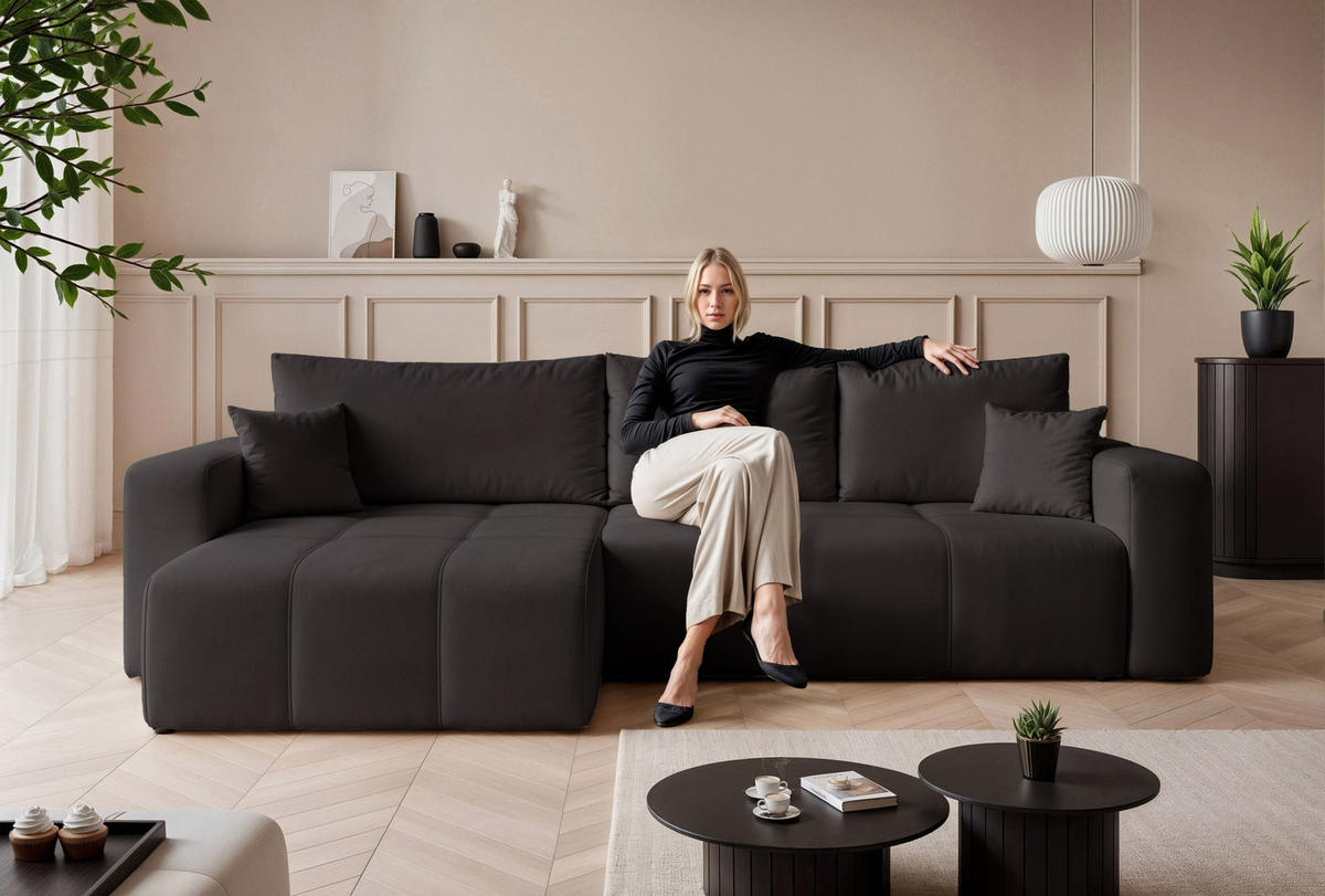 ECKSOFA XL Velours mit Bettkasten und Schlaffunktion - Schwarz, Holzwerkstoff/Textil (278/145cm) - Idohome