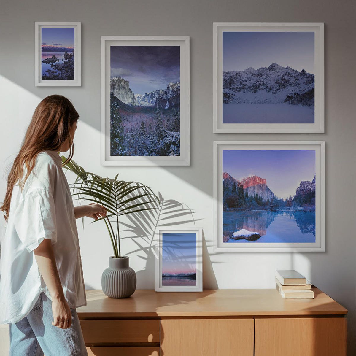 WANDBILDER 5er-Set - 50x50 cm & 20x30 cm & 40x60 cm Weißer Rahmen - Berglandschaften, Sonnenuntergang, Wasser - Weiß, Kunststoff (40/60cm) - ArtPrintCave