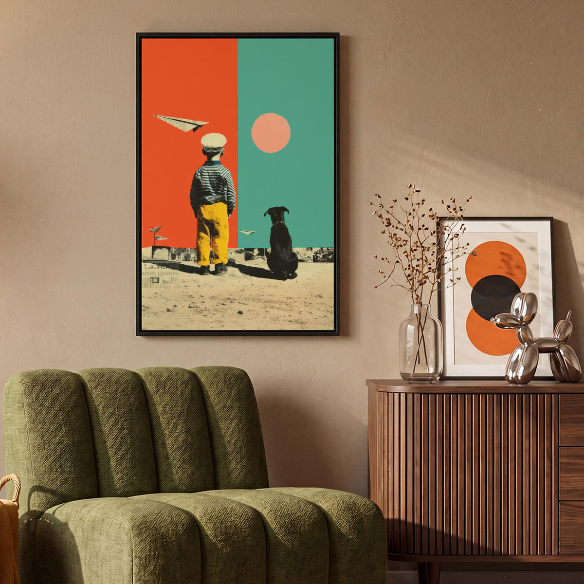 LEINWAND Bilder mit Rahmen - Retro - Junge - Hund - Rot - Grün - 60x90 - Orange, Textil (60/90cm) - MuchoWow