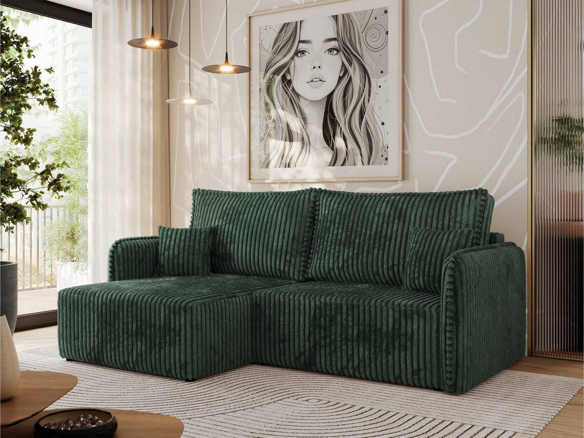 ECKSCHLAFSOFA MESTO L Grün Cord - links - Schwarz/Grün, Kunststoff/Textil (227/147cm) - MKS