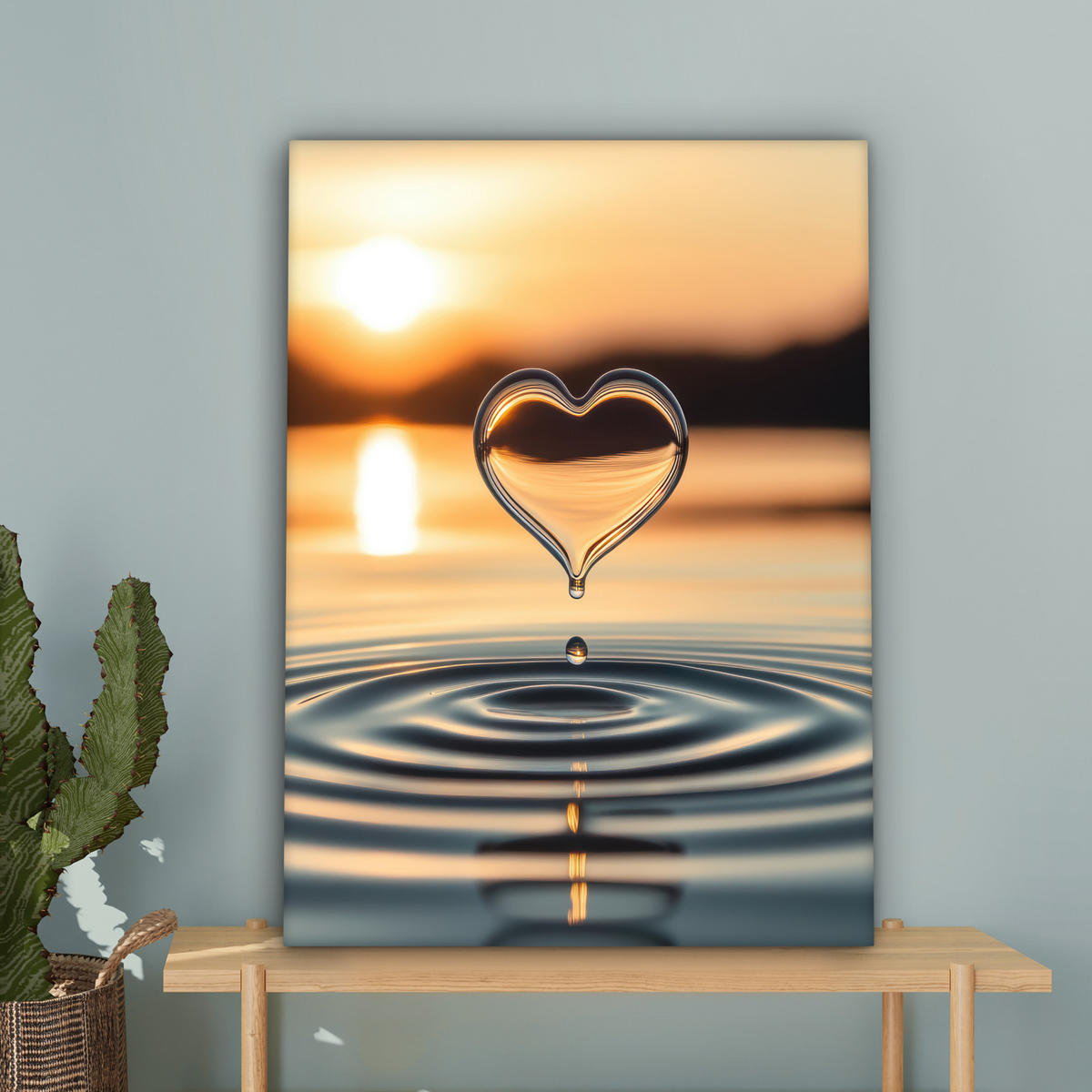 LEINWANDBILD - Herz - Wasser - Sonnenuntergang - Natur - Zen - 60x80 - Gemälde - Bernsteinfarben, Textil (60/80cm) - MuchoWow