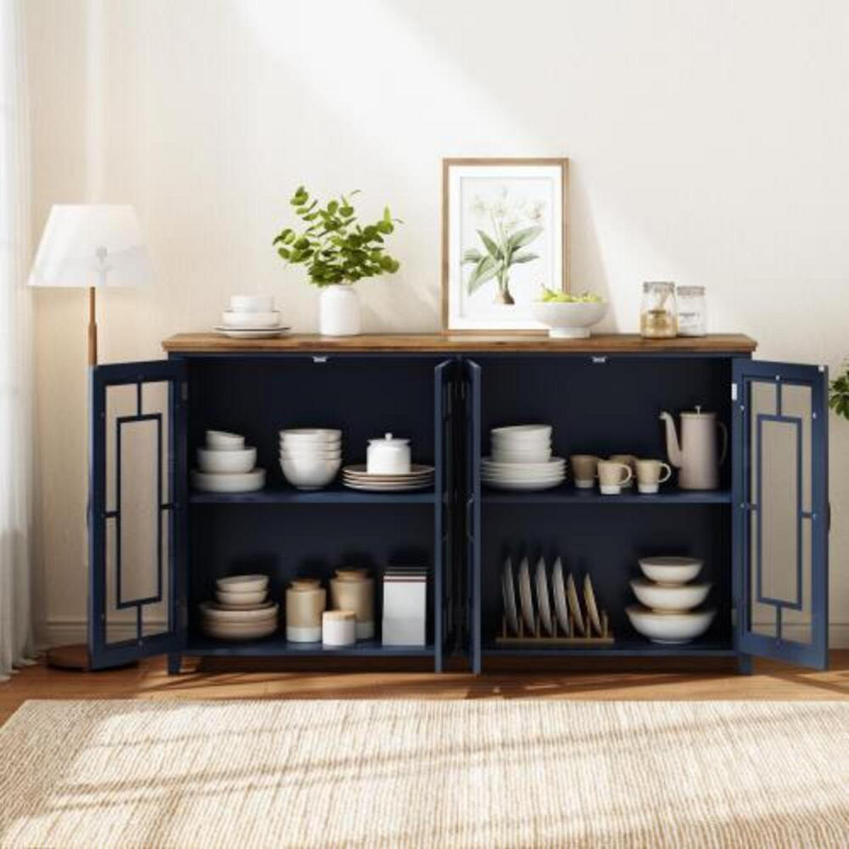 SIDEBOARD Blau aus MDF mit Retro-Holzmaserung-Platte 160 × 40 × 86 cm - Blau, Holzwerkstoff (160/86/40cm) - Luhomfu