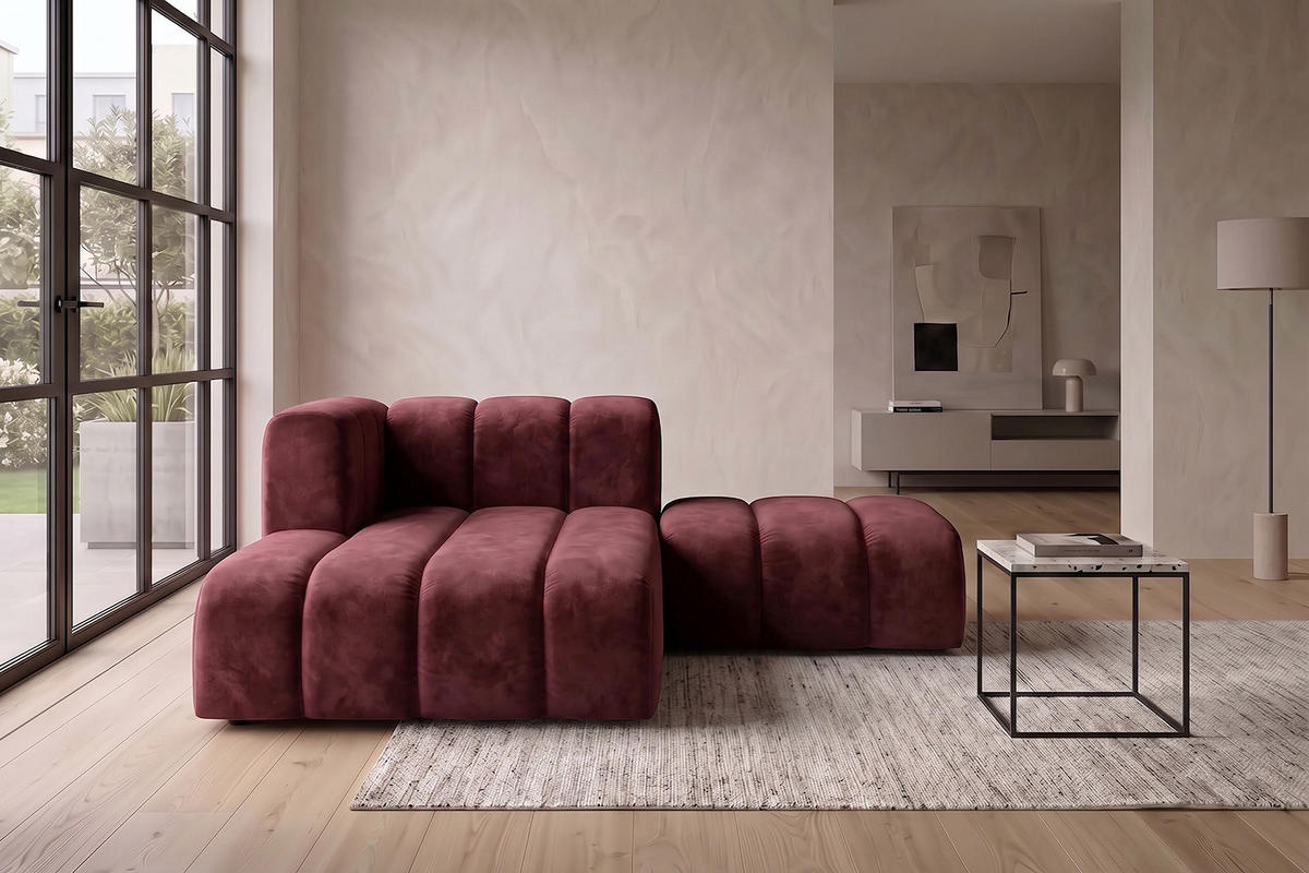 CHAISELONGUE Modulare Mit Hocker, Velvet-Stoff Riviera, Rotwein, Links, GRAND - Dunkelrot, Holz (204/179cm) - Kaiser Möbel