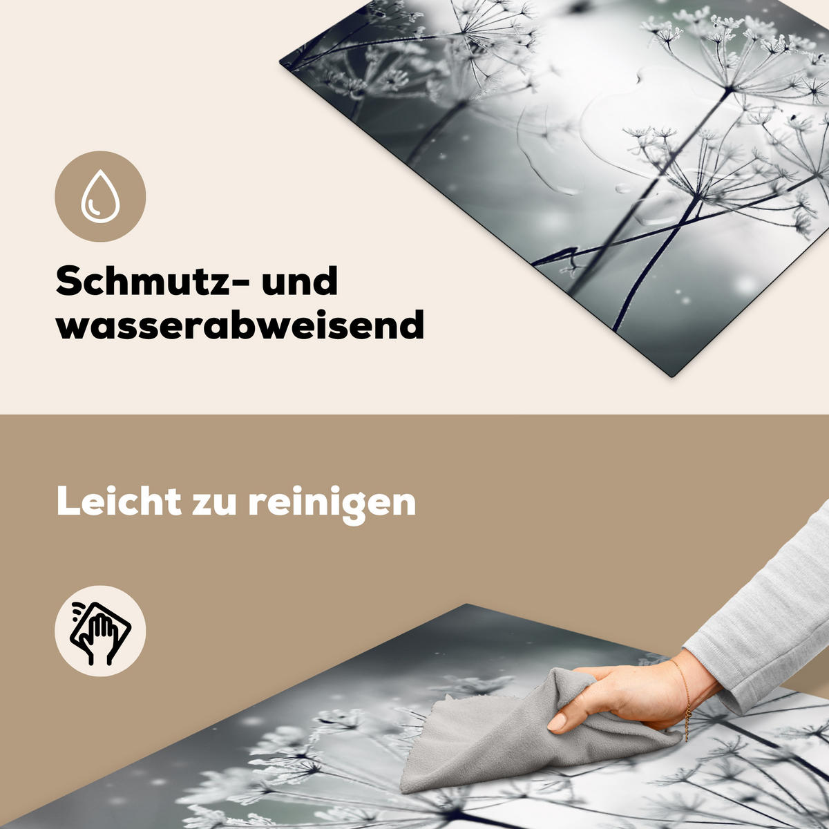 HERDABDECKPLATTE Blumen - Winter - Schnee - Natur Induktionsmatte 71x52 cm - Grau, Kunststoff (71/52/0.2cm) - MuchoWow