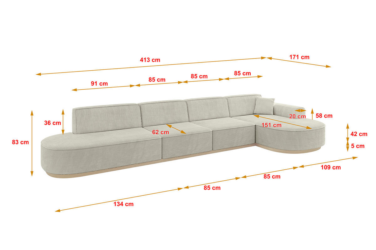 ECKSOFA Ottomane Rechts MARI-L3-v1 - 413x171x83 cm Hellgrau Cord - Hellgrau, Holzwerkstoff/Textil (171/413cm) - ALTDECOR