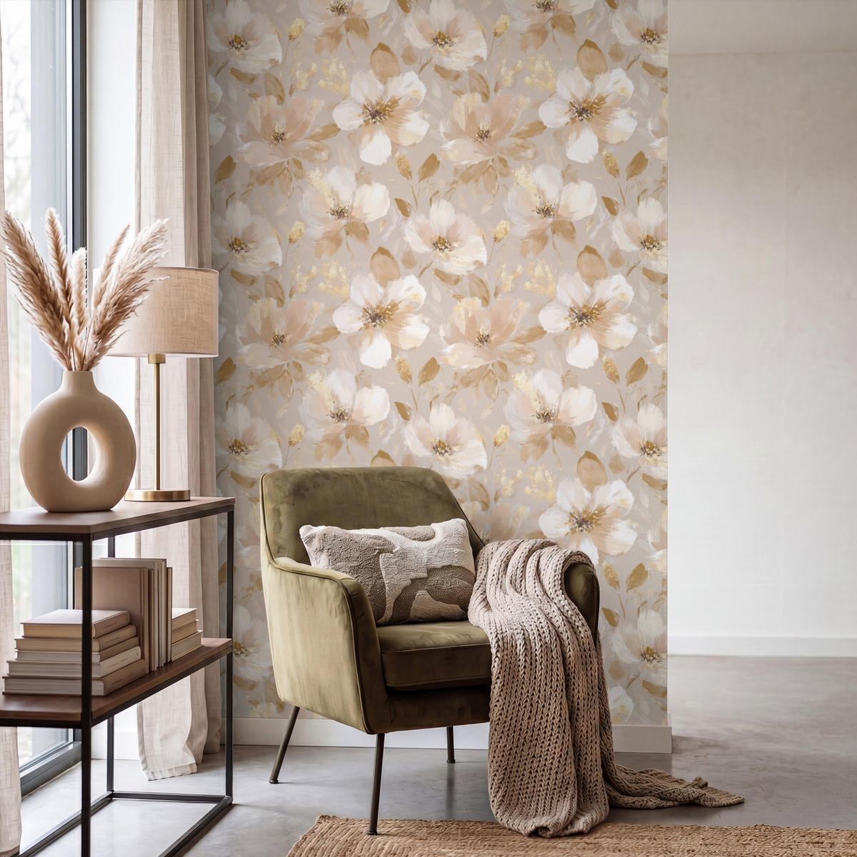 TAPETE - Blumen - künstlerisch - Gold - 140x200 cm - Beige, Papier (140/200cm) - OnlyWow