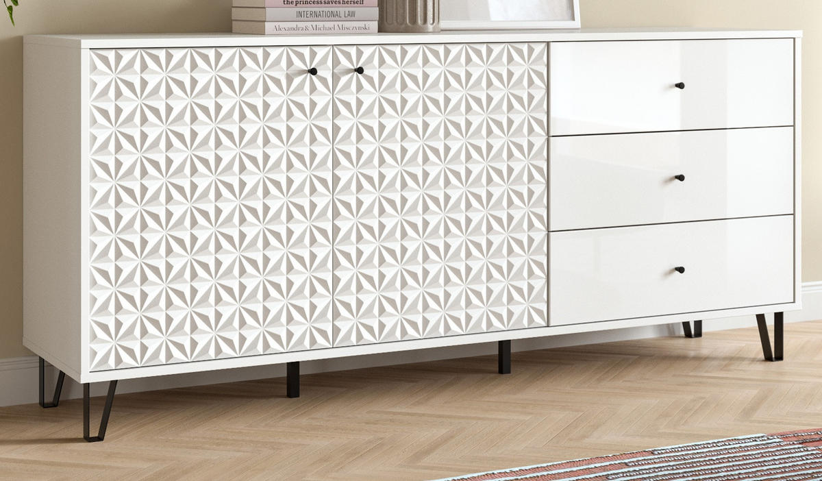 SIDEBOARD weiß Hochglanz 169 x 76 cm, Kommode mit 3D-Struktur - Weiß Hochglanz/Schwarz, Holzwerkstoff/Kunststoff (169/76/40cm) - Inn.Furn