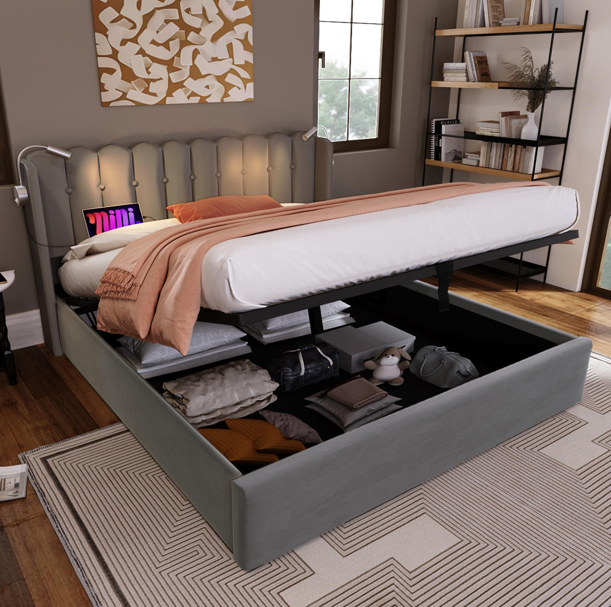 POLSTERBETT 160/200 cm Grau aus Samt mit Stauraum, USB und Leselicht - Grau, Textil (160/200cm) - OKMYHOME