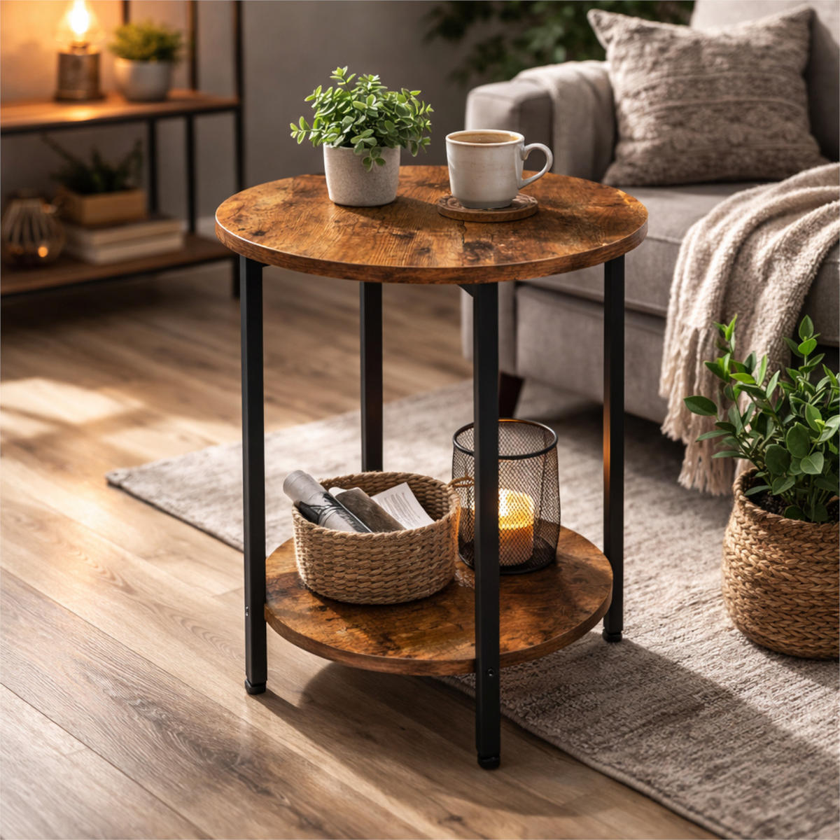 BEISTELLTISCH Holzoptik Metall Dunkelbraun Schwarz rund 45×62×40 cm - Dunkelbraun/Schwarz, Holzwerkstoff/Metall (45/45/62cm) - Begryf