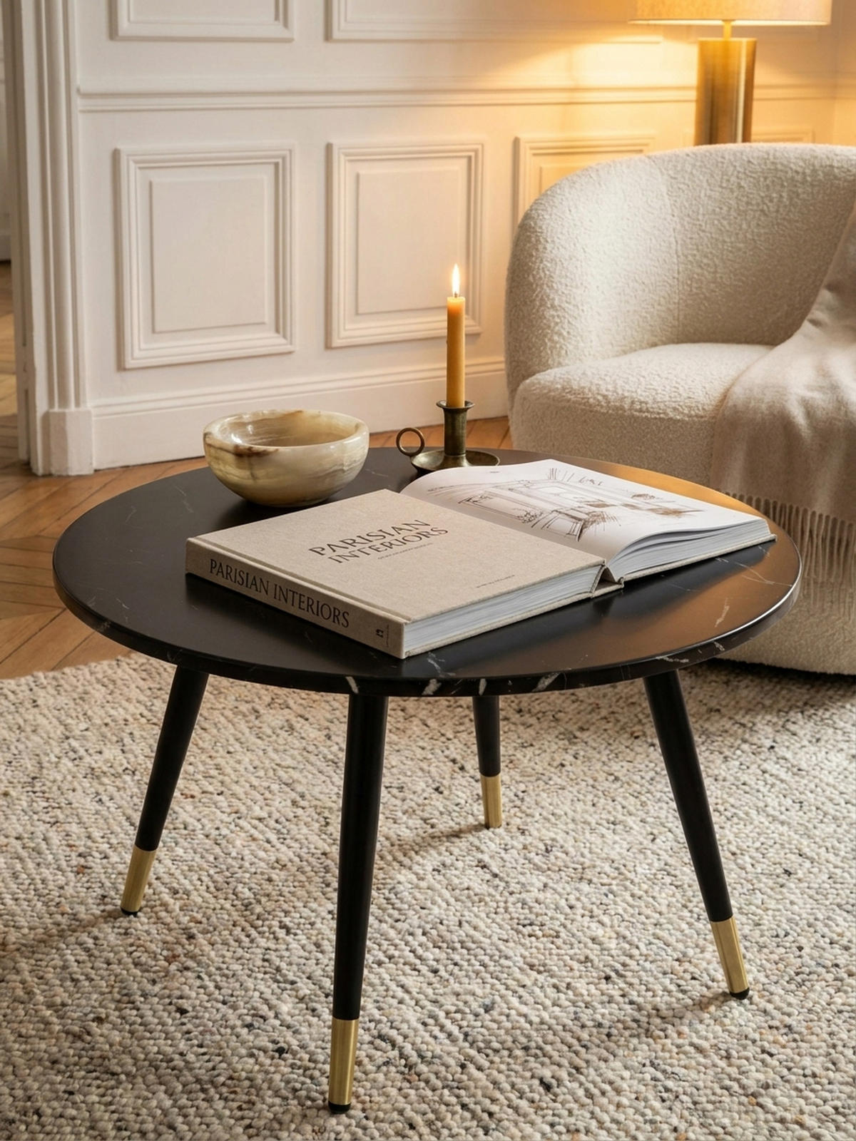 COUCHTISCH mit Marmor Optik, Modernes Design, Metall-Gestell, Runde Form, Schwarz 60x60x41 cm - Goldfarben/Schwarz, Holzwerkstoff/Metall (60/60/41cm) - KADIMA DESIGN