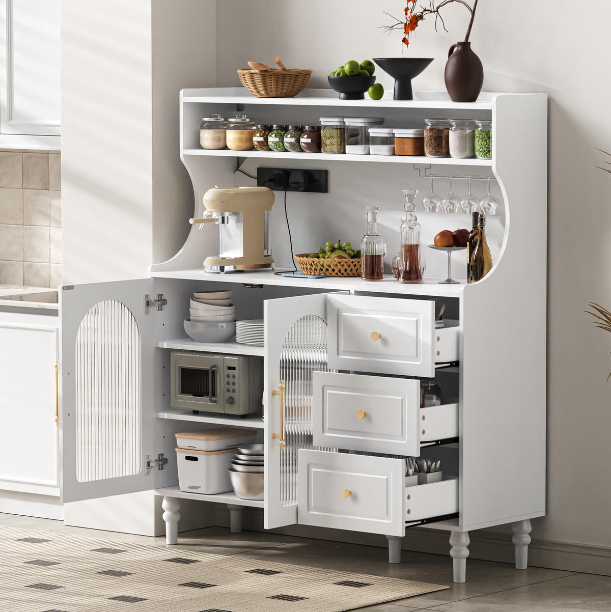 BUFFETSCHRANK 120/40/138,5 cm mit Steckdose, USB- und USB-C-Anschluss, Glashalter und 3 Schubladen, MDF, Weiß - Weiß, Holzwerkstoff (120/138.5/40cm) - Redom