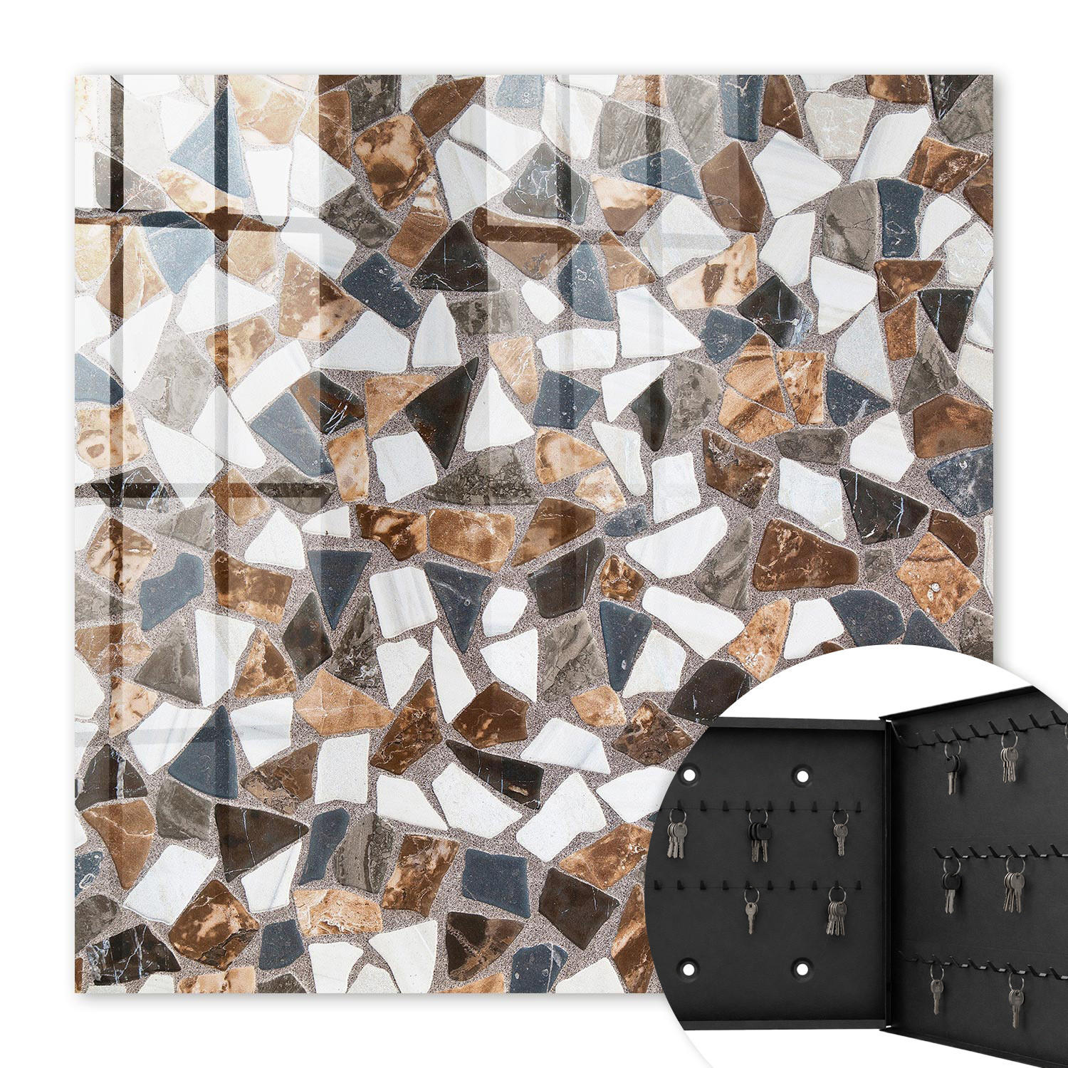 SCHLÜSSELBOX Schwarz 30x30 cm- Türöffnung nach rechts - Geometrisches Mosaik - Braun, Metall (30/30/5cm) - TULUP