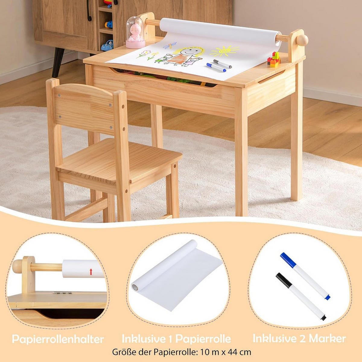KINDERSCHREIBTISCH mit Stuhl natur(2-tlg) - Naturfarben, Holz (66/58/40cm) - COSTWAY