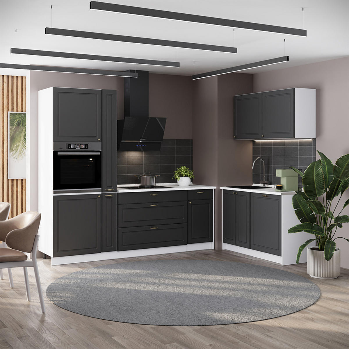 KUCHYNĚ Fame-Line, Anthrazit-Gold Landhaus/Bílá, 220 x 120 cm, PD Mramor - bílá/antracitová, kompozitní dřevo (220/206.8/60cm) - Vicco