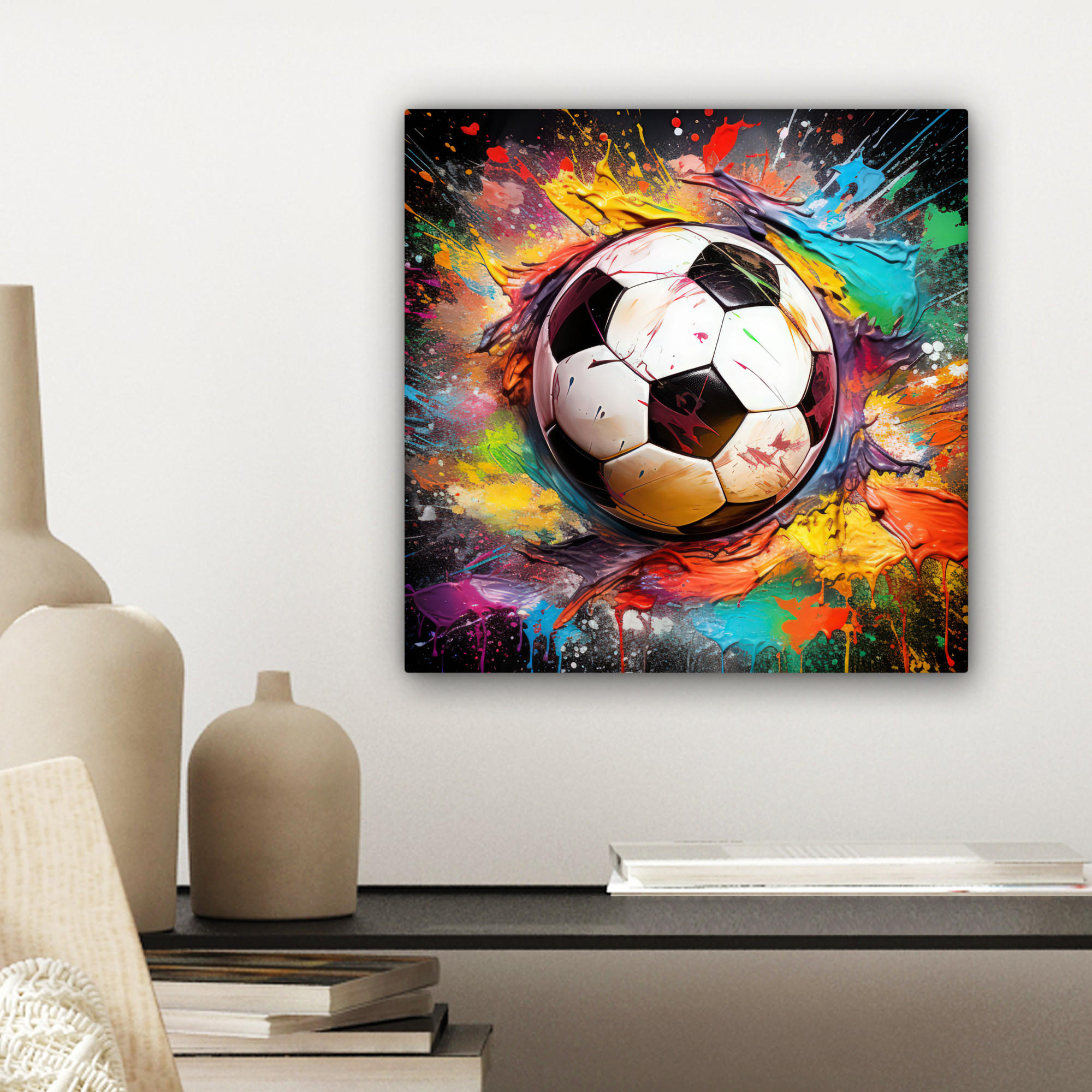 LEINWANDBILD Fußball - Farbe - Farben - Schwarz - Weiß 20x20 cm - Weiß, Textil (20/20cm) - MuchoWow