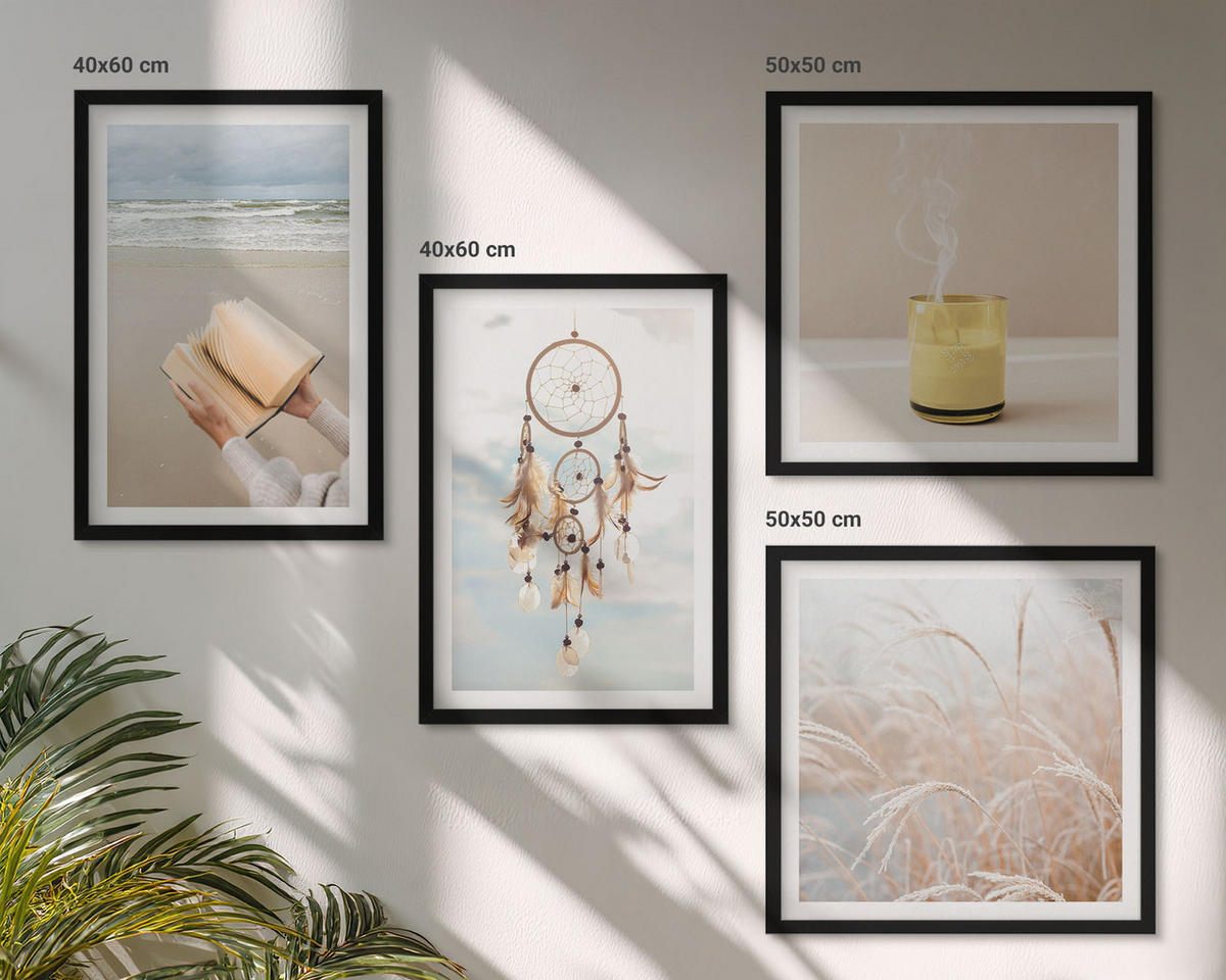 BILDER SET 4er Set - 50x50 cm & 40x60 cm Schwarzer Rahmen - Sommerlandschaften im Boho-Stil - Schwarz, Kunststoff (50/50cm) - TULUP