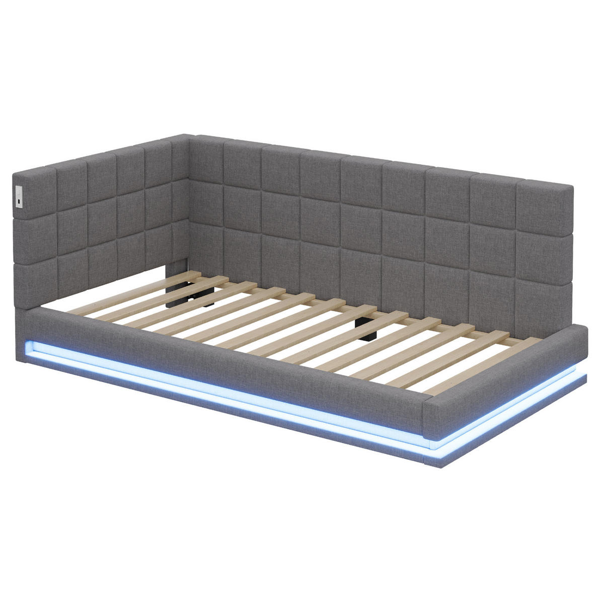 POLSTERBETT 90/200 cm mit LED-Beleuchtung & USB-Steckdose aus Leinen Grau - Grau, Textil (90/200cm) - OKWISH