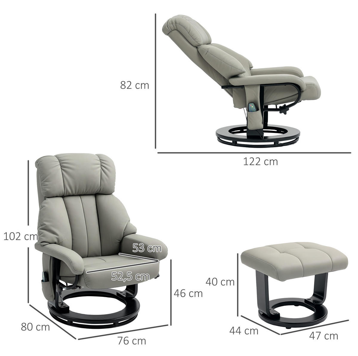 RELAXSESSEL 76/80/102 cm Grau aus Kunstleder mit Massagefunktion - Grau, Kunststoff (80/102/76cm) - OKMYHOME