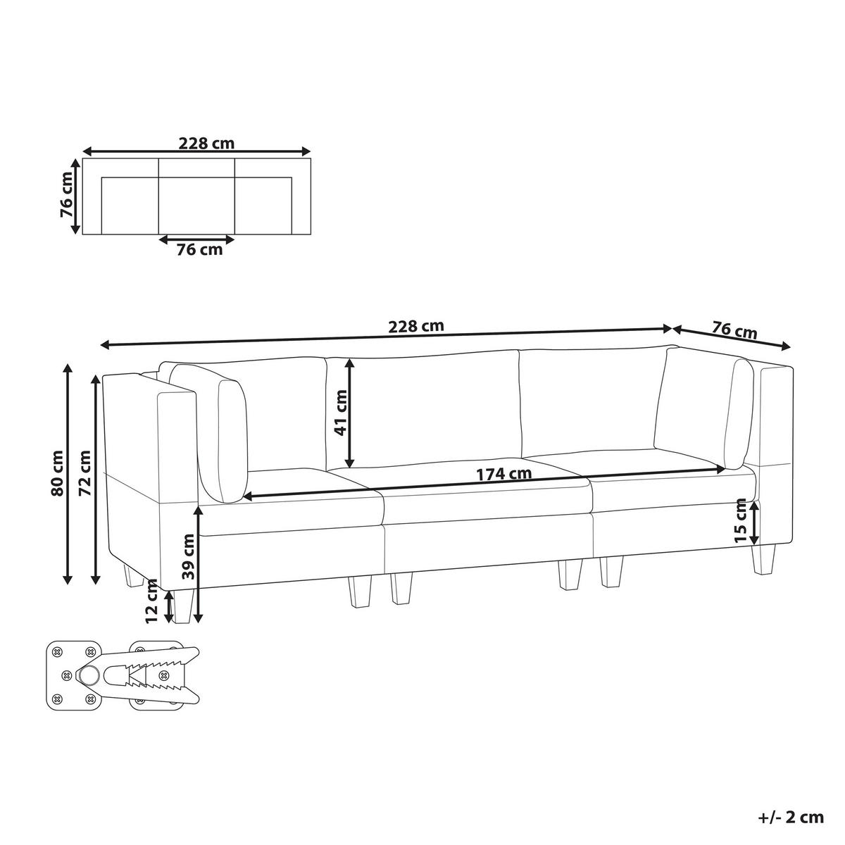 3-SITZER-SOFA Leinenoptik Dunkelgrün Unstad - Schwarz/Grün, Textil (228/72/76cm) - Beliani