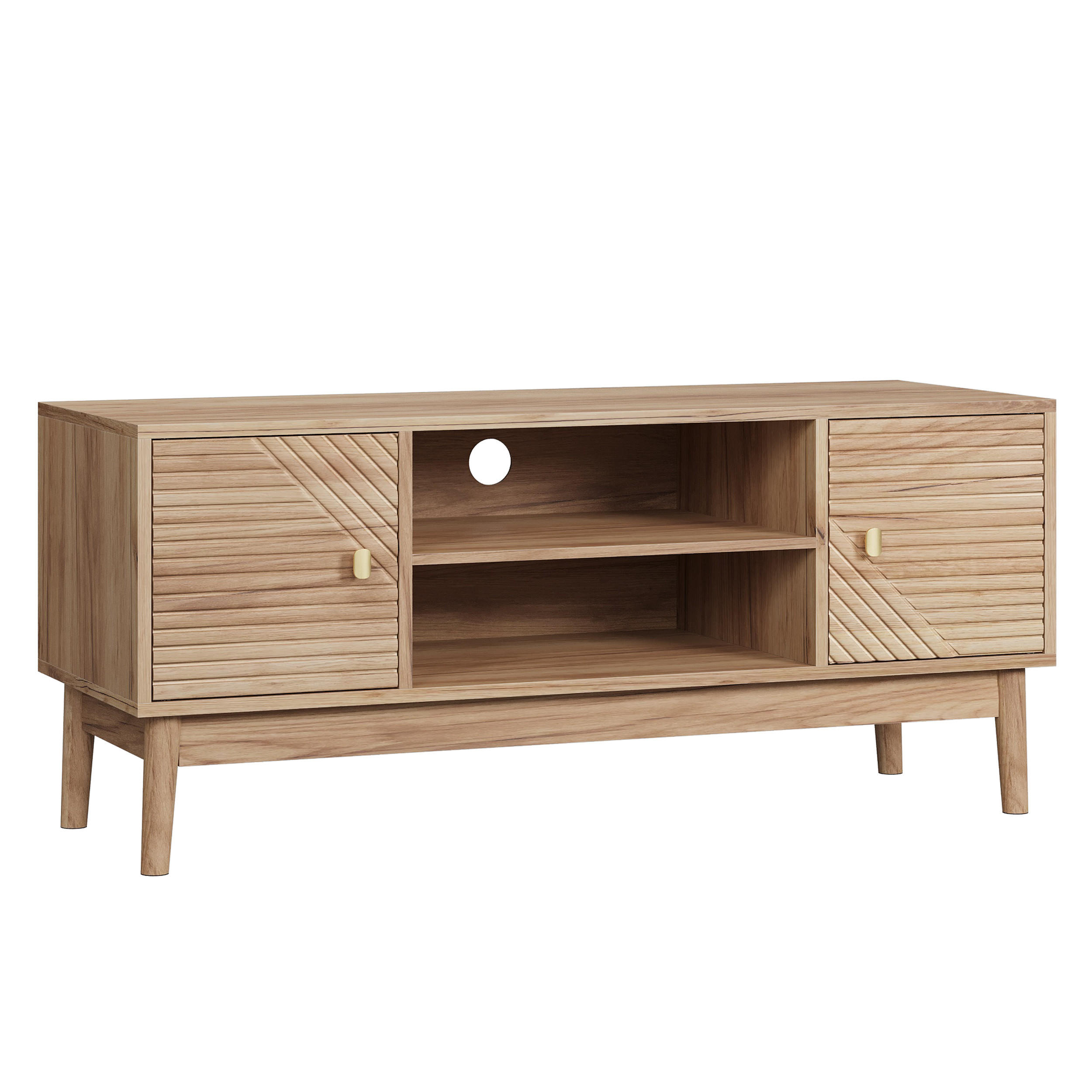 Urban Meuble TV STOLEK 110 cm přírodní dub se 2 dvířky, otevřenými přihrádkami a vedením kabelů ve stylu mid-century