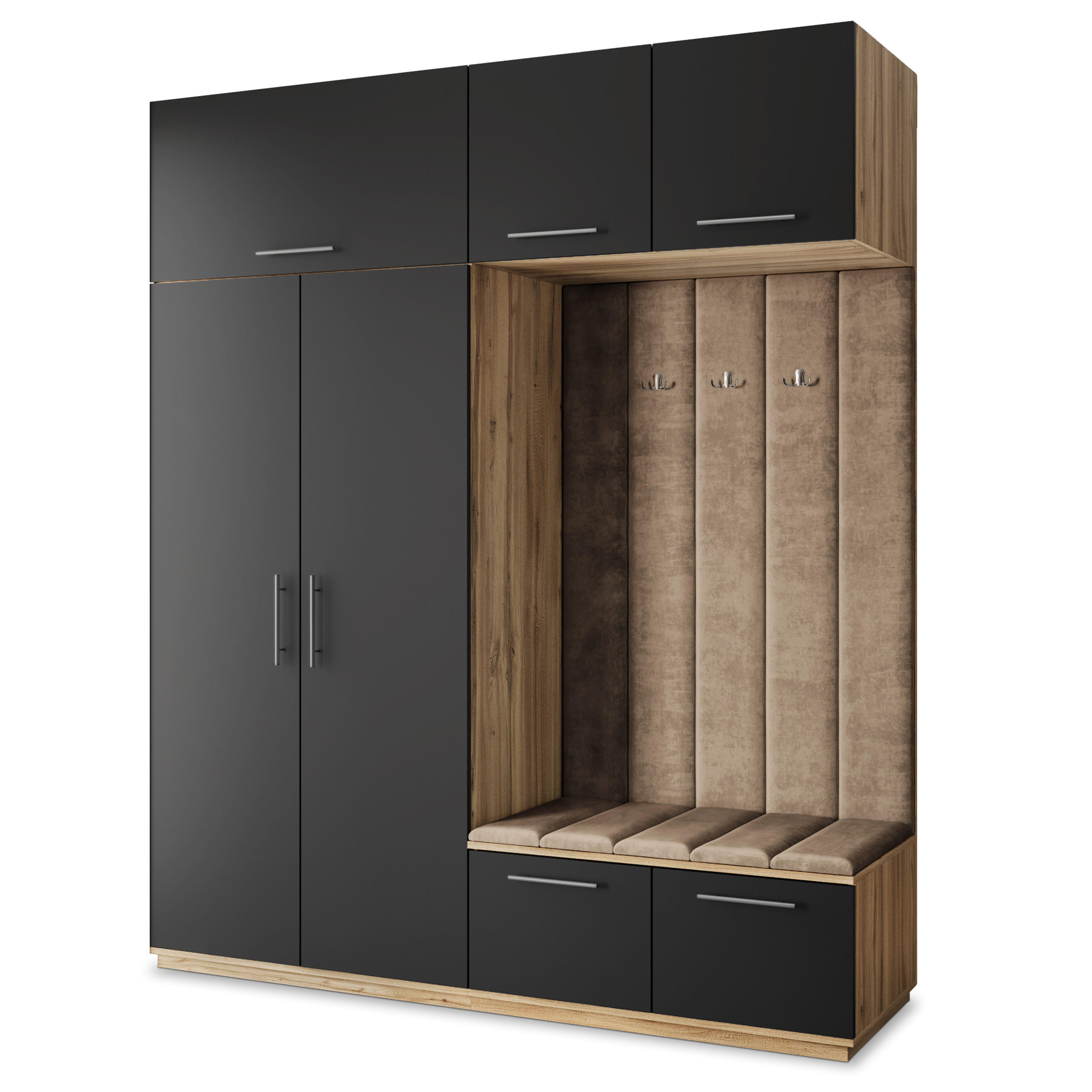 Masseno Garderobenschrank Eiche Wotan, Schwarz, Mokka 200x240x60 cm