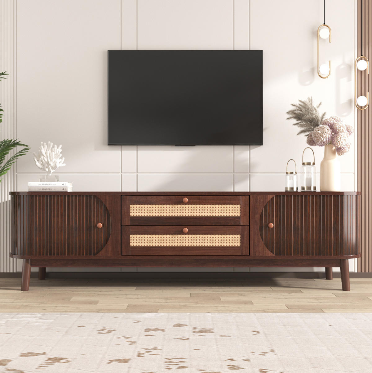 TV ormarić 170/39,5/46 cm prirodna boja drva od MDF-a i masivnog drva s vratima i ladicama od ratana - prirodne boje, drvni materijal (170/46/39.5cm) - OKWISH