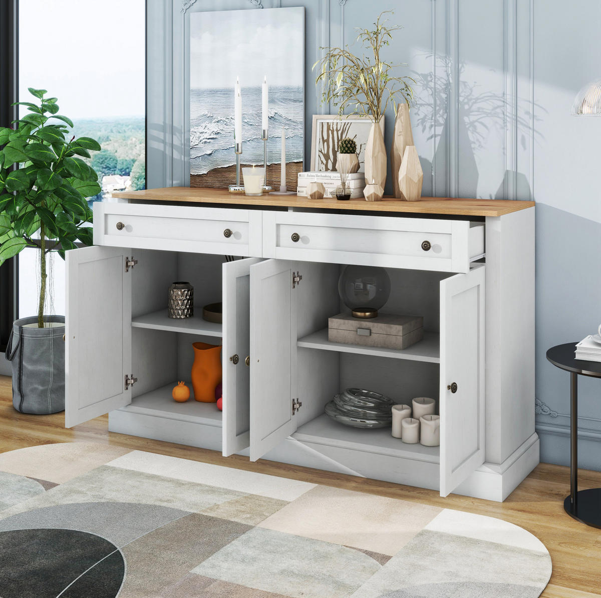SIDEBOARD 150/40/86 cm mit 4 Türen, 2 Schubladen und verstellbaren Einlegeböden, Weiß/Naturholz - Naturfarben, Holzwerkstoff (150/86/40cm) - Redom