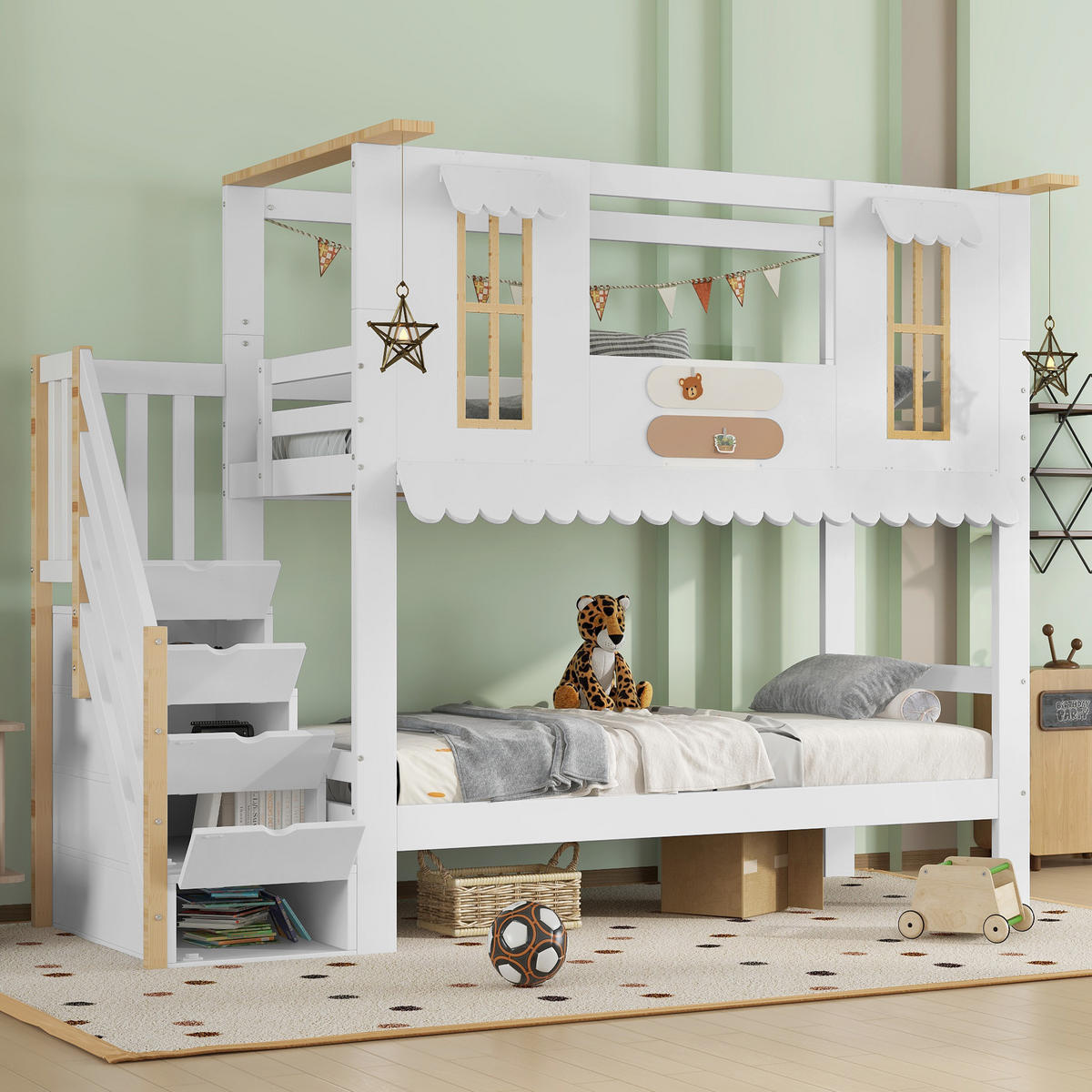 ETAGENBETT 90/200 cm weiß aus Kiefer und MDF mit Aufbewahrungstreppe - Weiß, Holz (90/200cm) - OKWISH