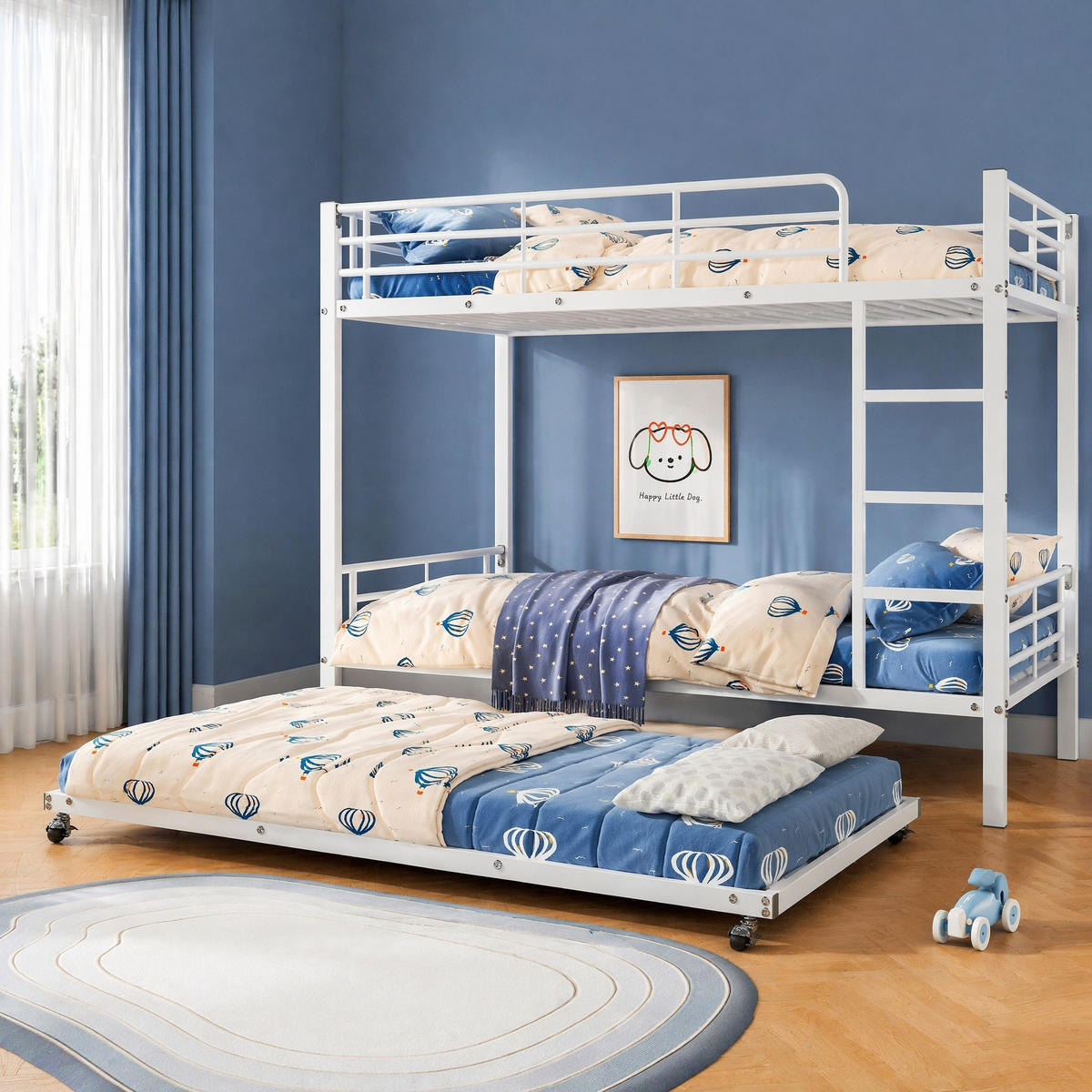 ETAGENBETT 90/200+90/190 mit Ausziehbett, Leiter und Seitengittern in Weiß - Weiß, Metall (90/200cm) - EVRYAE