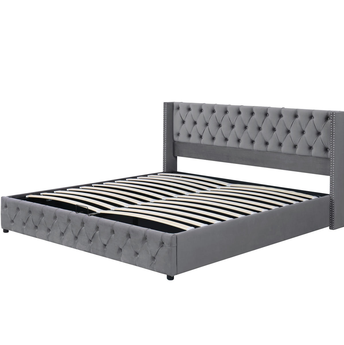 POLSTERBETT aus Samt 160x200 cm Grau mit hydraulischem Bettkasten und Chesterfield-Steppung - Grau, Textil (160/200cm) - Modfu