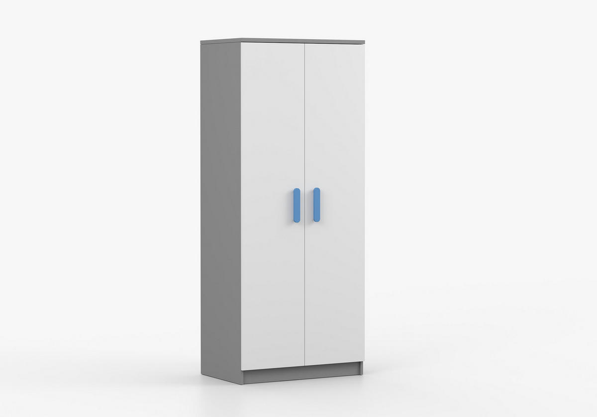 JUGENDZIMMER Elora in Grau und Weiß – 4-teiliges Set mit Schreibtisch, Kommode, Wandregal und Schrank – Grifffarbe Blau - Grau, Holzwerkstoff (80/200/120cm)