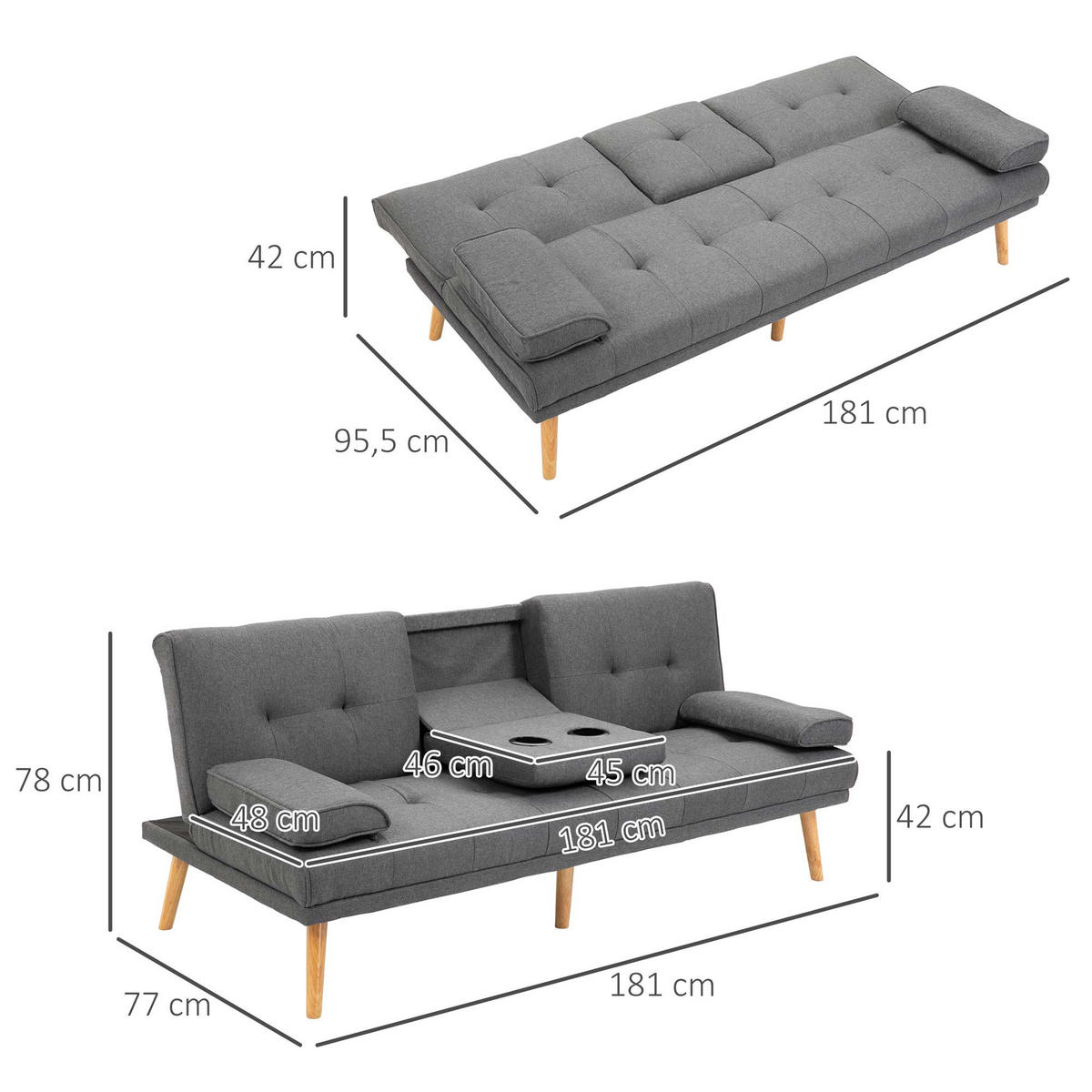 SCHLAFSOFA 3-Sitzer-Sofa Bettsofa mit Klappbarem Tisch Stoffsofa mit Leinenoptik - Dunkelgrau/Naturfarben, Holz/Textil (77/78/181cm) - HOMCOM