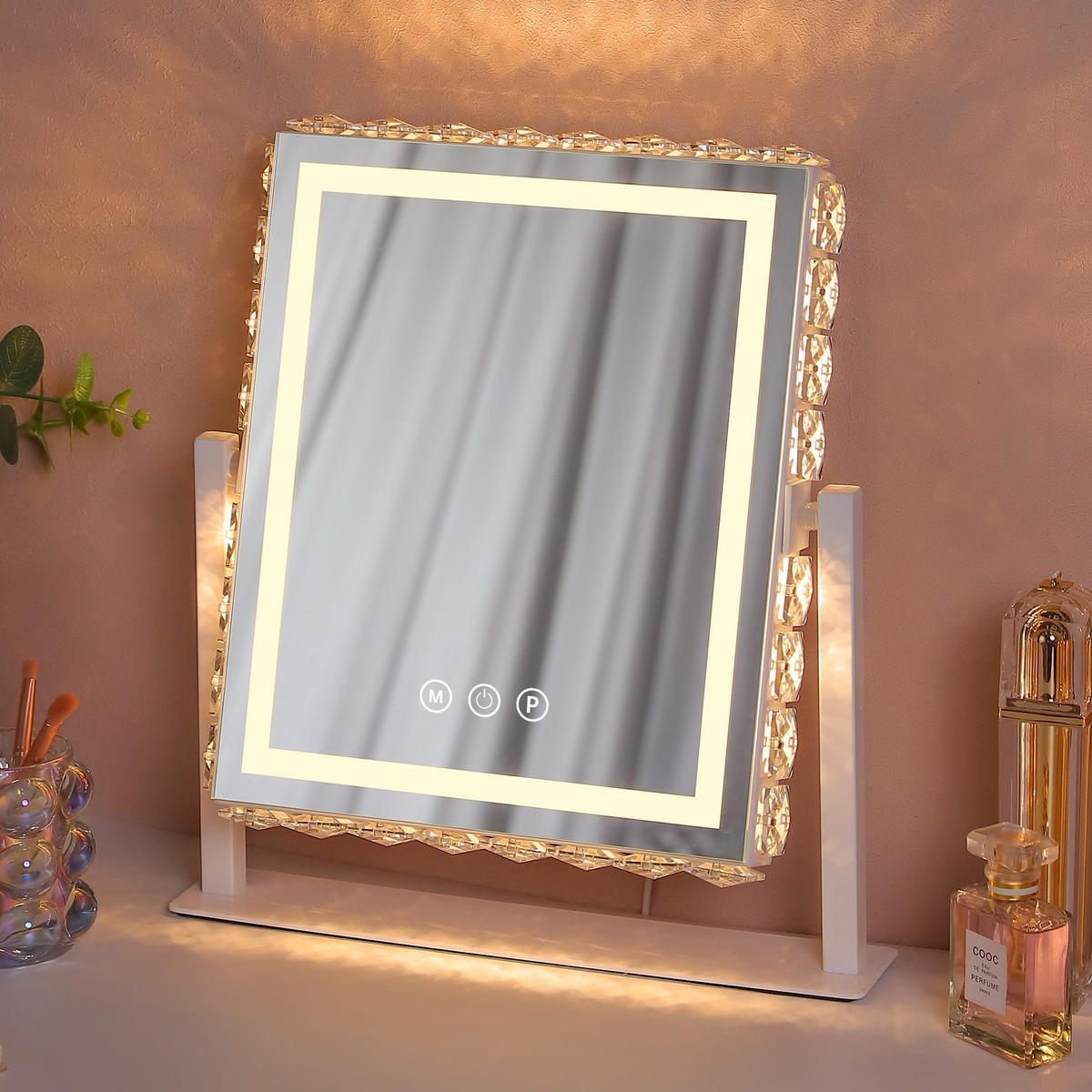 SCHMINKSPIEGEL mit LED Lichtleiste, rundum mit Strasssteinen besetzt, weiß, 25/30 cm - Weiß, Metall (25/30/3cm) - VANITII