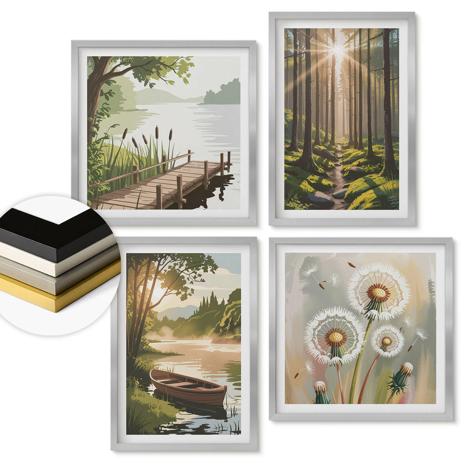 WANDBILDER 4er Set - 50x50 cm & 40x60 cm Silberner Rahmen - Waldlandschaft, See Łódź - Silberfarben, Kunststoff (50/50cm) - ArtPrintCave