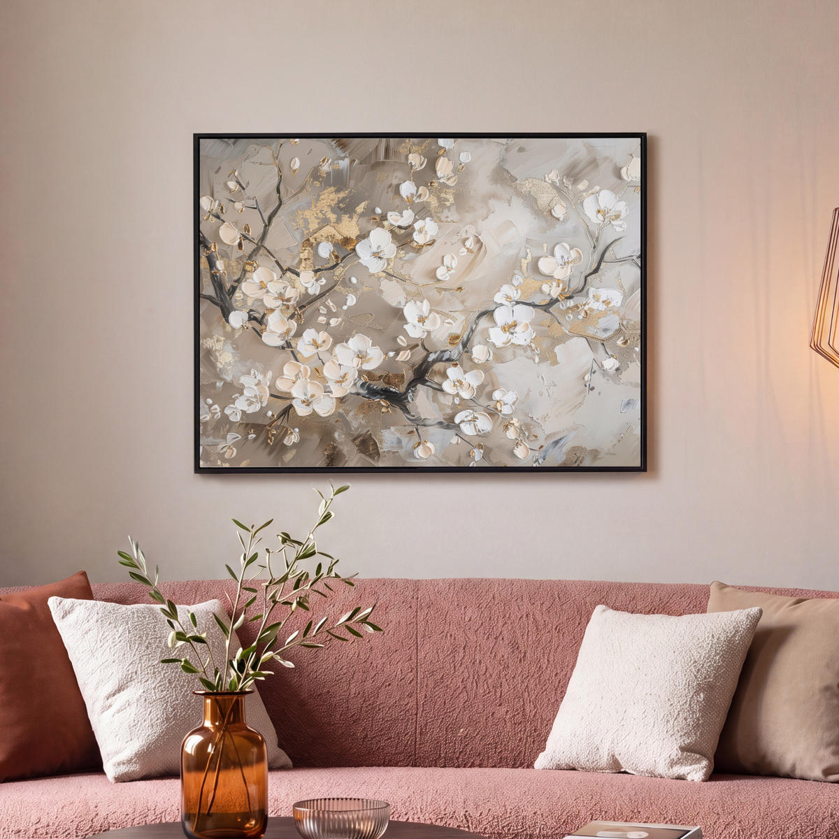 LEINWAND Bilder mit Rahmen - Blumen - Weiß - Gold - Beige - Luxus - 80x60 - Greige, Textil (80/60cm) - MuchoWow