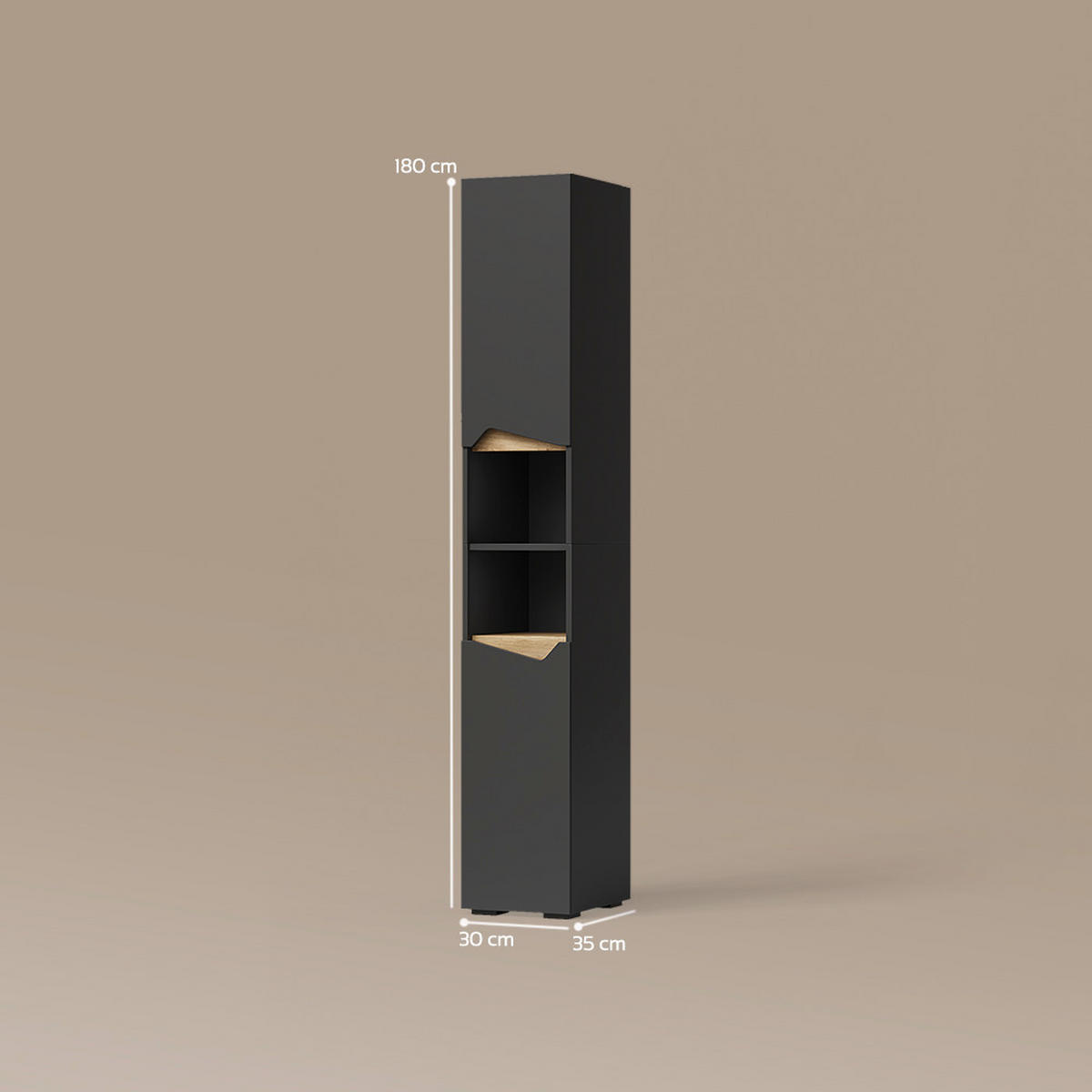 BADSCHRANK Timavo Anthrazit 30 x 180 cm mit Türen, und offenen Fächern - Anthrazit, Holzwerkstoff (30/180/35cm) - Livinity®