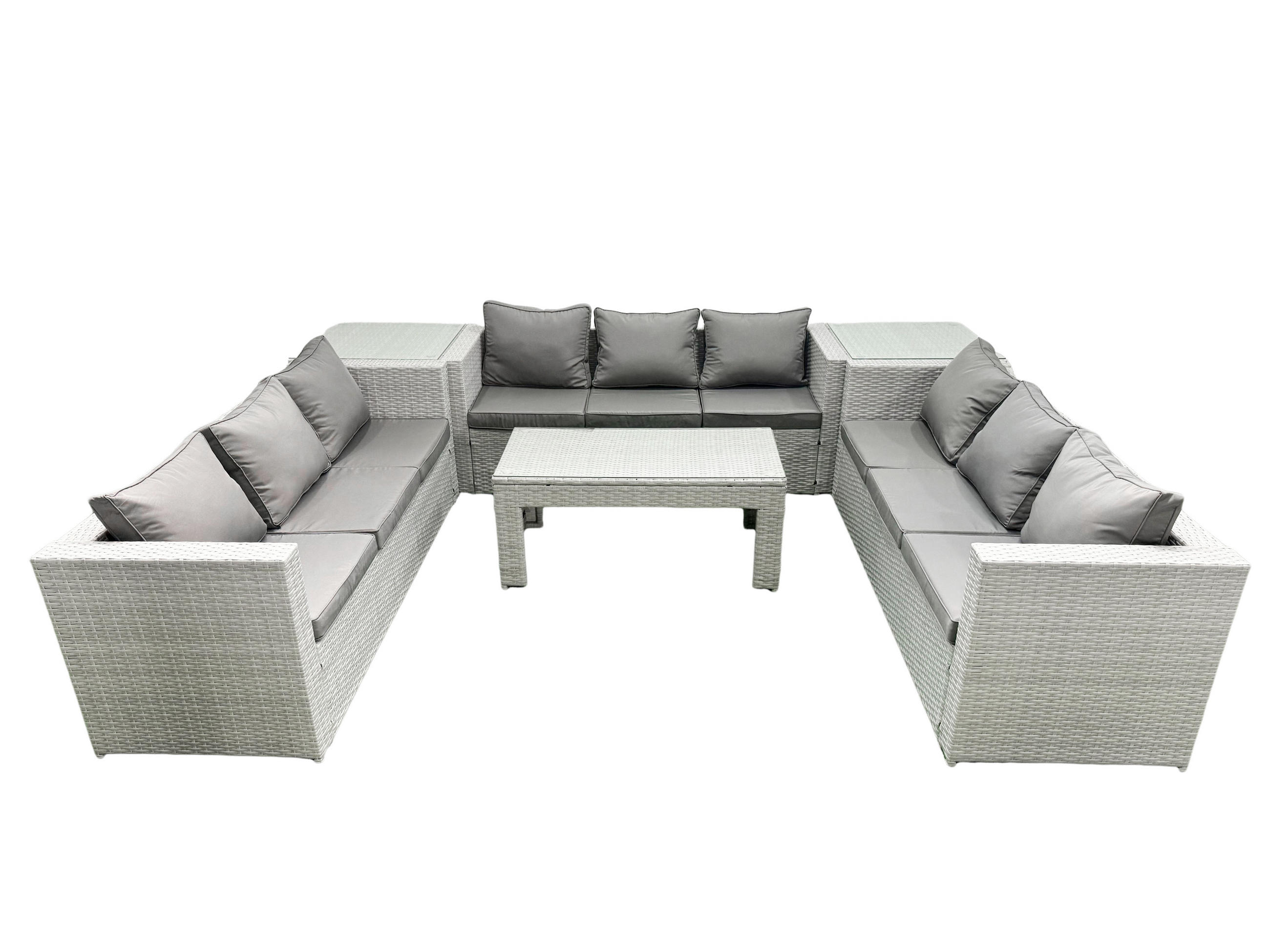 BALKONMÖBEL-SET Polyrattan Hellgrau-Mix 9-teilig - Hellgrau/Grau, Glas/Kunststoff - Fimous