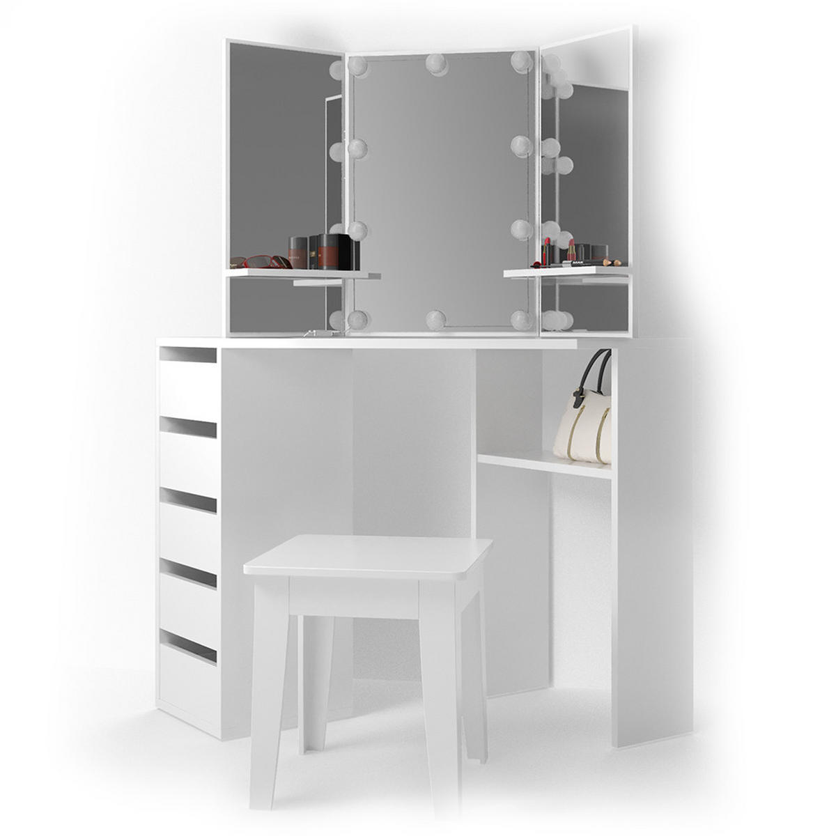 ECKSCHMINKTISCH Arielle Weiß 110 cm mit LED Beleuchtung - Weiß, Holzwerkstoff (110/141.5/54cm) - Vicco