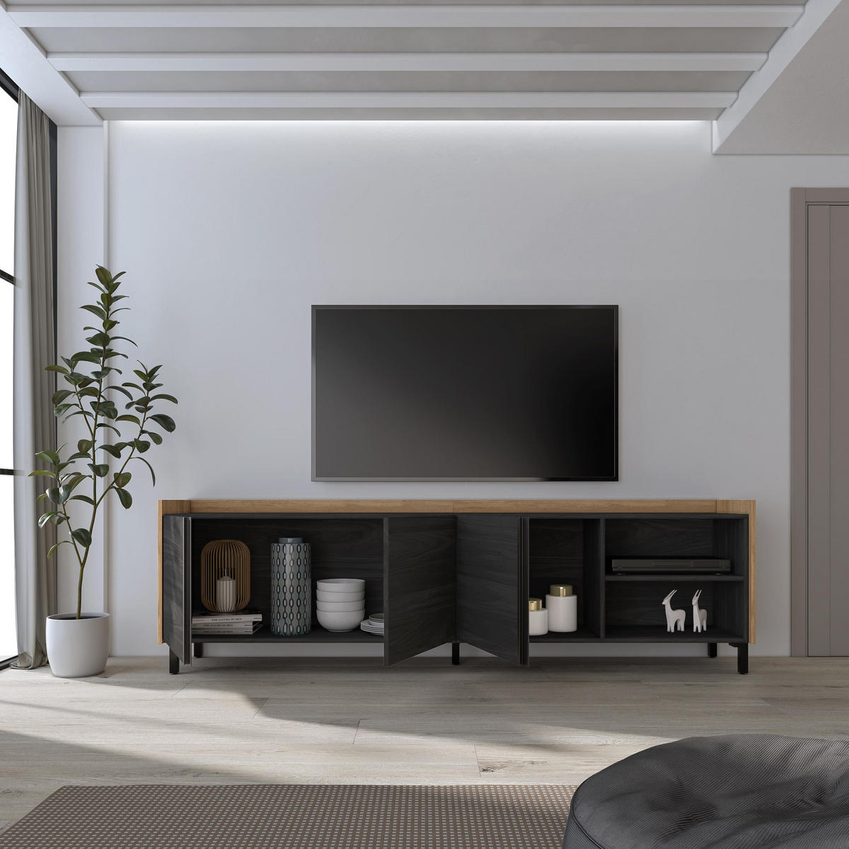 LOWBOARD, Schwarz und Eiche, 207/35/61cm, mit Beinen - Schwarz, Holzwerkstoff (207/61/35cm) - Skraut Home