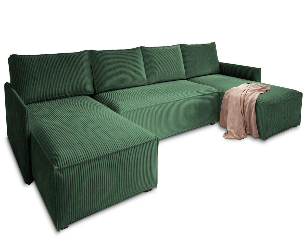 WOHNLANDSCHAFT TRES Grün Kordstoff mit Schlaffunktion - Grün, Holz (271/85/140cm) - MASSENO