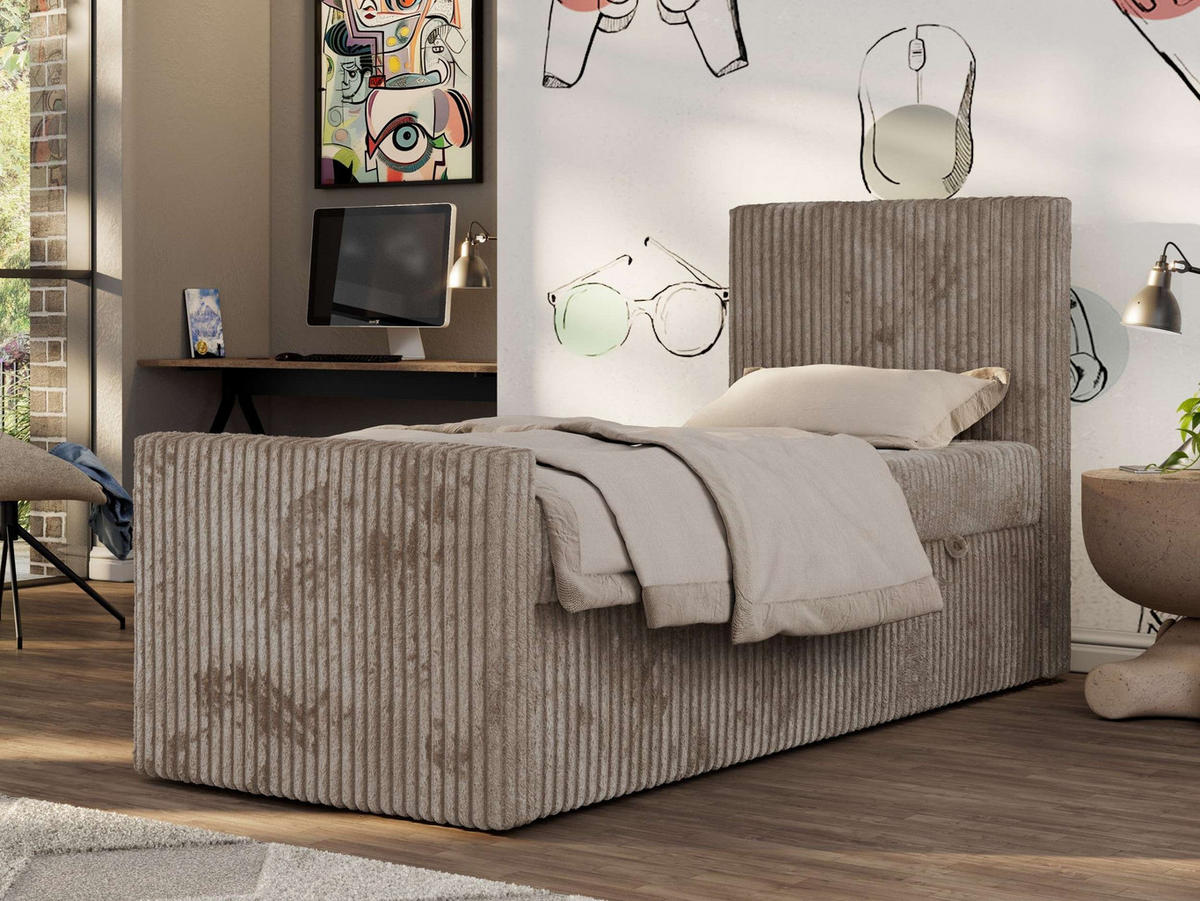 JUGENDBETT TILIO DUO 90/200 - Hellbraun Cord - H3 - Rechts Seite - Hellbraun, Textil (90/200cm) - MKS