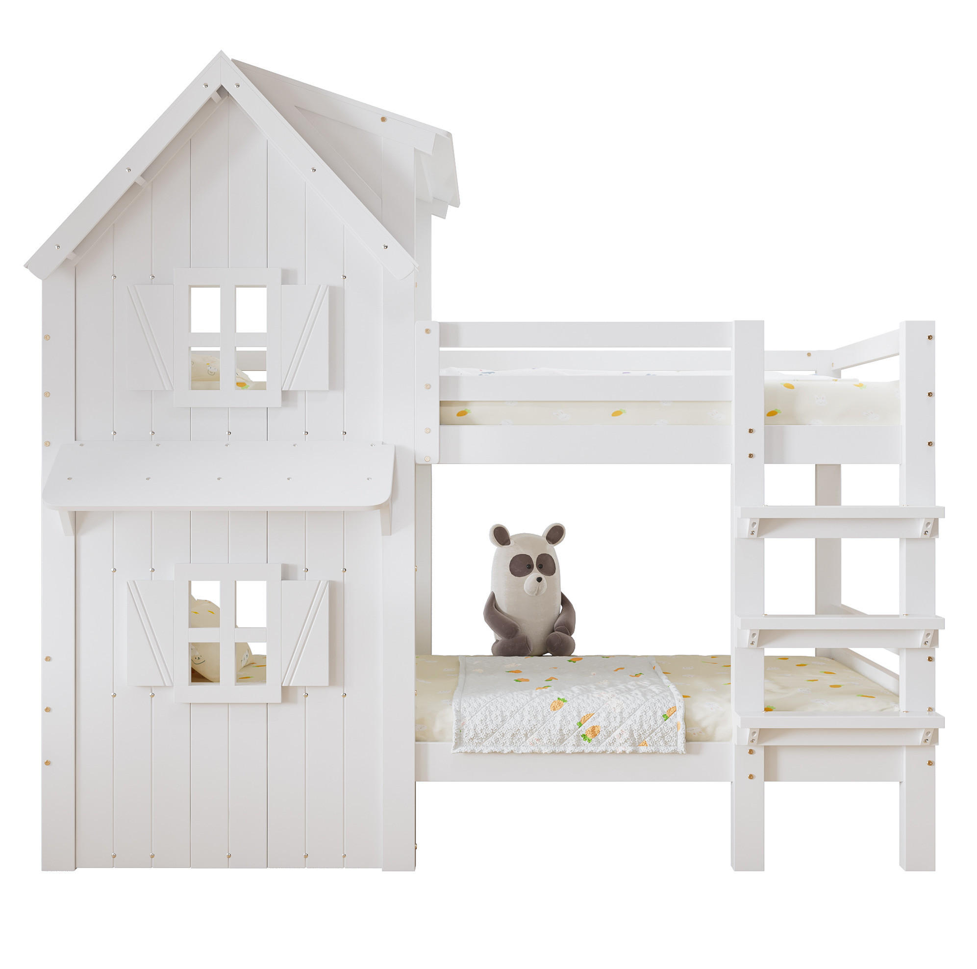 HAUSBETT 90/200 cm Weiß mit Dach, Fenstern und Sicherheitsgeländern - Weiß, Holzwerkstoff (90/200cm) - Flora Grace