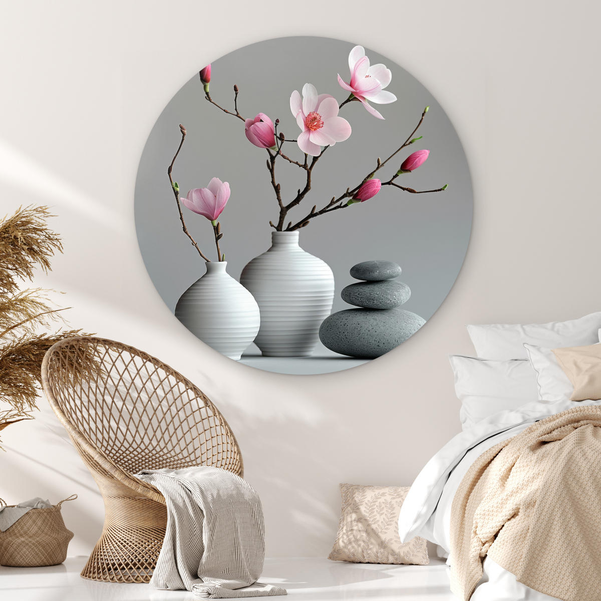 WANDBILD Magnolie - Blumen - Rosa - Zen-Steine 140x140 cm - Hellgrau, Kunststoff (140/140cm) - MuchoWow