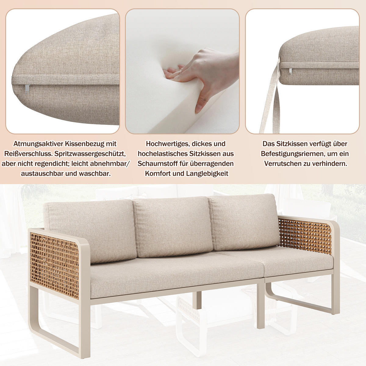 LOUNGESET 6-7 Personen Beige PE-Rattan Mit Waschbaren Kissen - Beige, Metall - FLIEKS